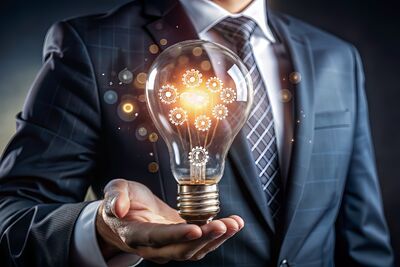 Mann im Anzug h&auml;lt eine Gl&uuml;hbirne auf der Hand