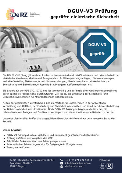 Flyer mit Informationen zur DGUV Vorschrift 3 Pr&uuml;fung in Rechenzentren