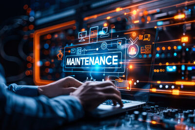 Mann sitzt an Rechner mit Bildschirm auf dem Maintenance steht